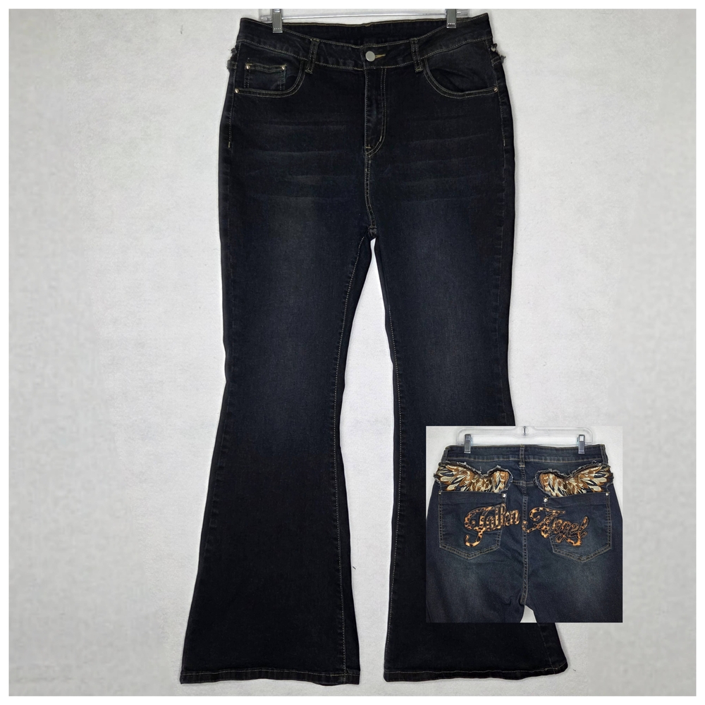 Romwe Fallen Angel Embroidered Wings Leopard Print Flare Jeans Black Womens 1XL